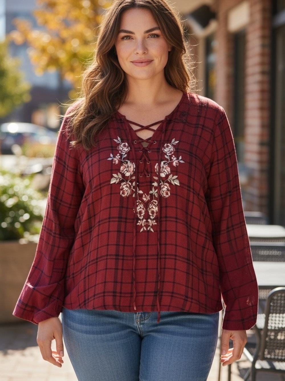 Lace-Up Floral Plaid Peasant Top - Burgundy